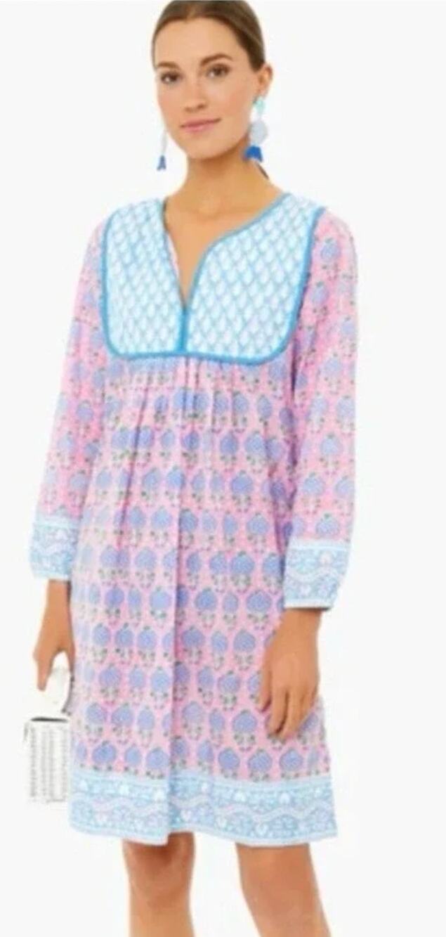 SZ Blockprints Kitty Tunic Dress Pink Blue Floral Cotton Size Large